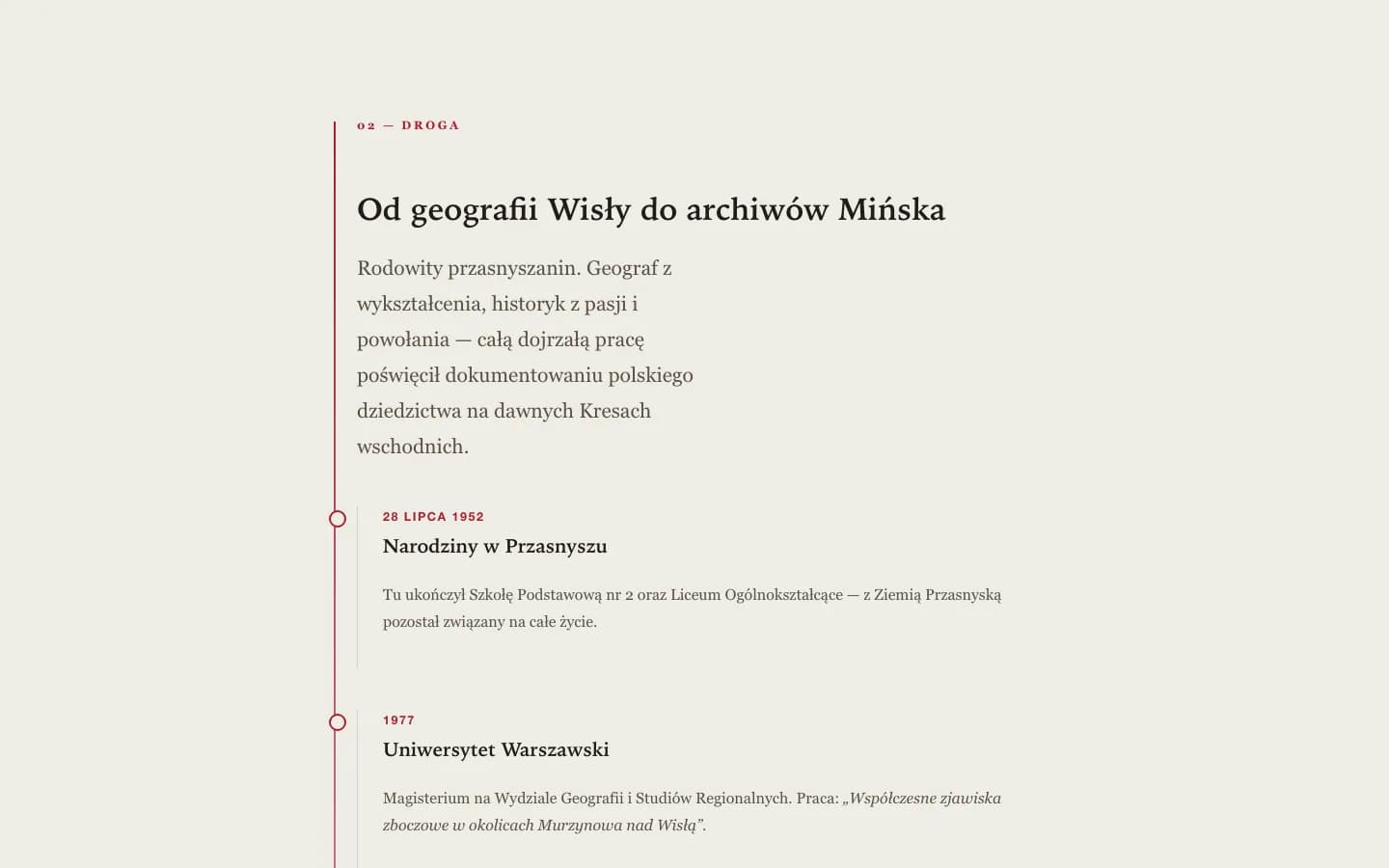 Sekcja „Od geografii Wisły do archiwów Mińska” z pionową osią czasu i datami kolejnych etapów