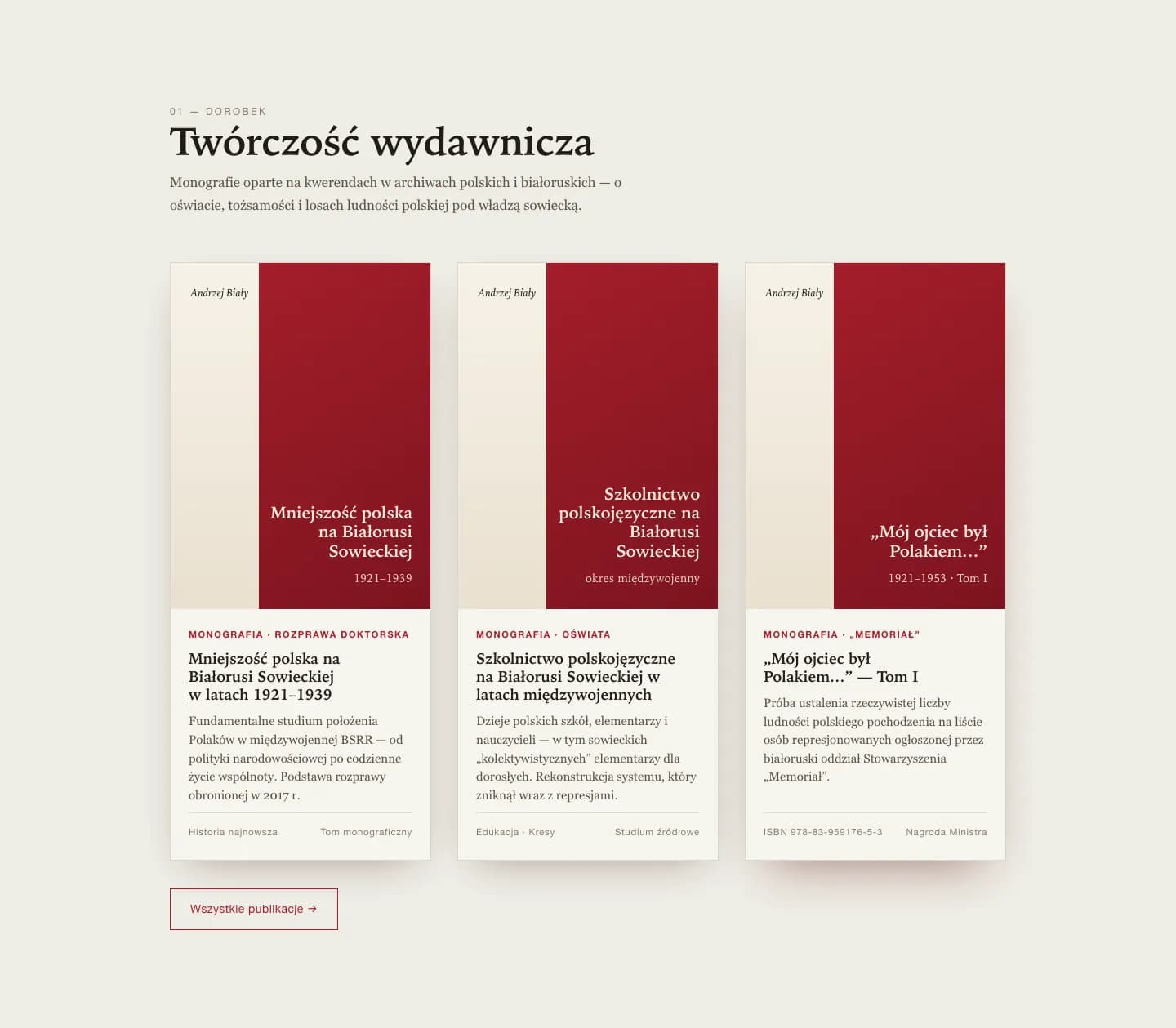 Sekcja „Twórczość wydawnicza” z trzema kartami monografii, każda z rysowaną okładką, rodzajem i opisem