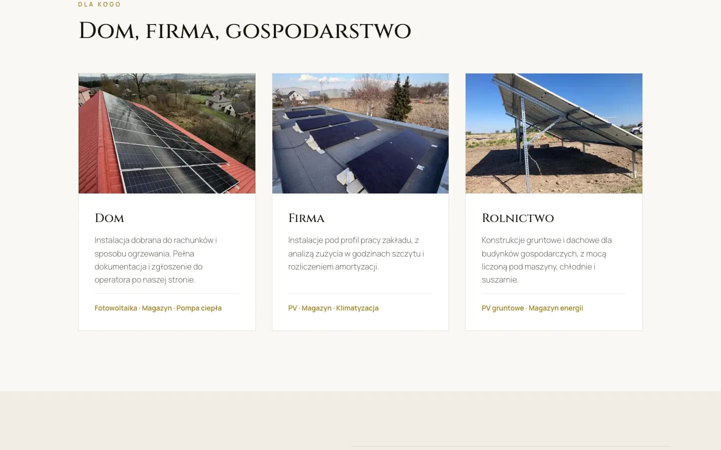 Sekcja „Dom, firma, gospodarstwo” z trzema kartami ze zdjęciami instalacji i dopasowanymi usługami