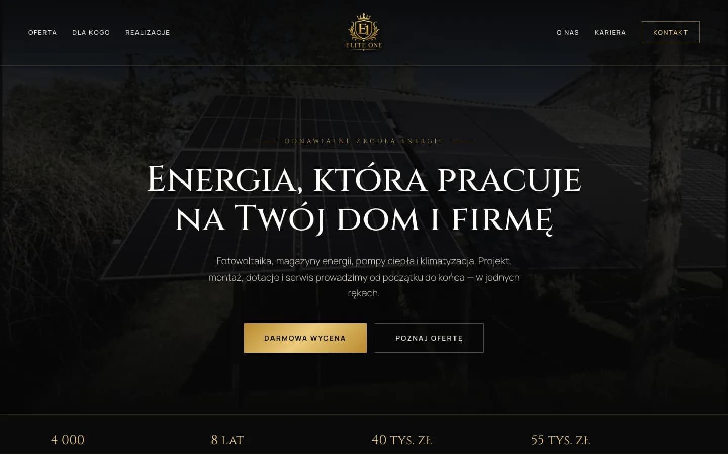 Strona główna Elite One na komputerze: ciemne zdjęcie instalacji PV, nagłówek „Energia, która pracuje na Twój dom i firmę” i dwa przyciski