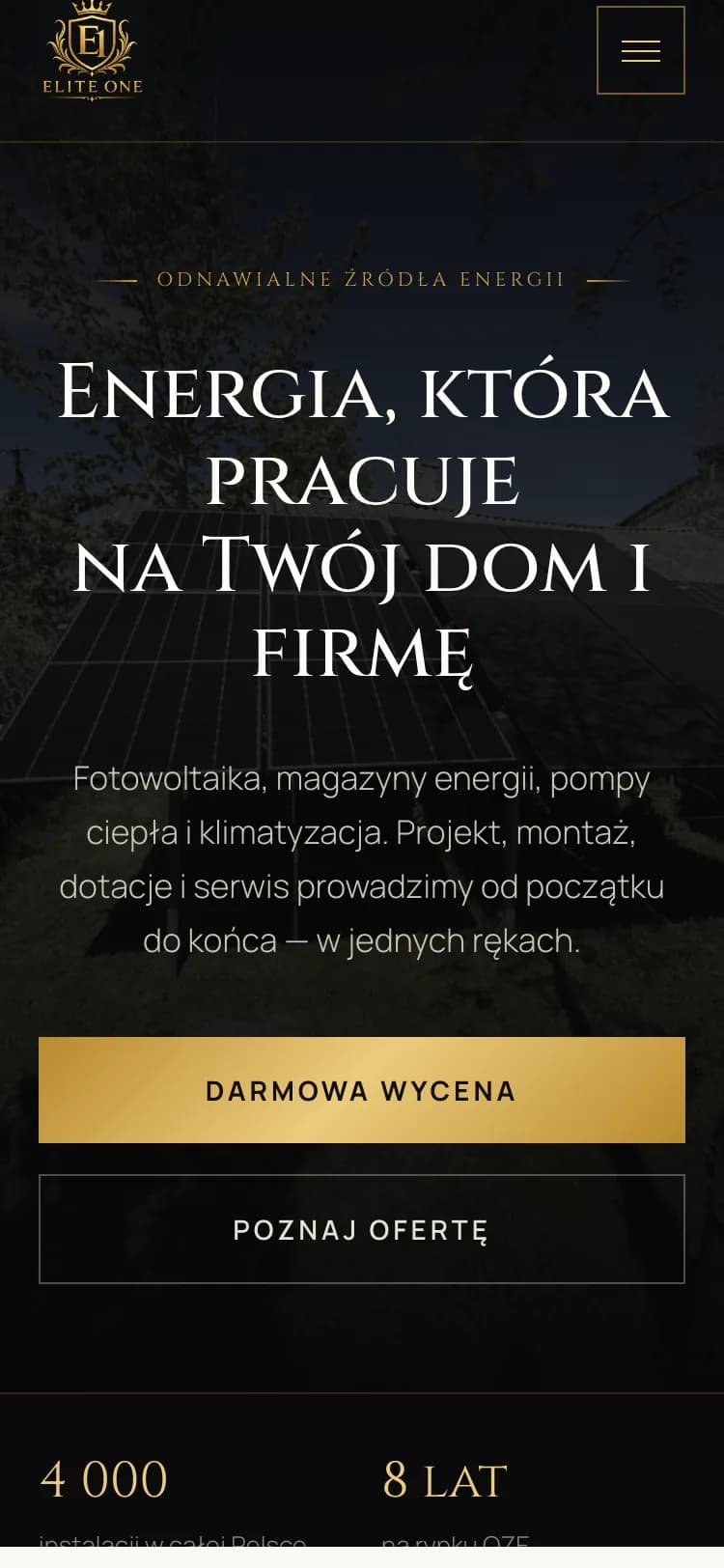 Strona główna Elite One na telefonie: logo, przycisk menu, nagłówek i dwa przyciski jeden pod drugim