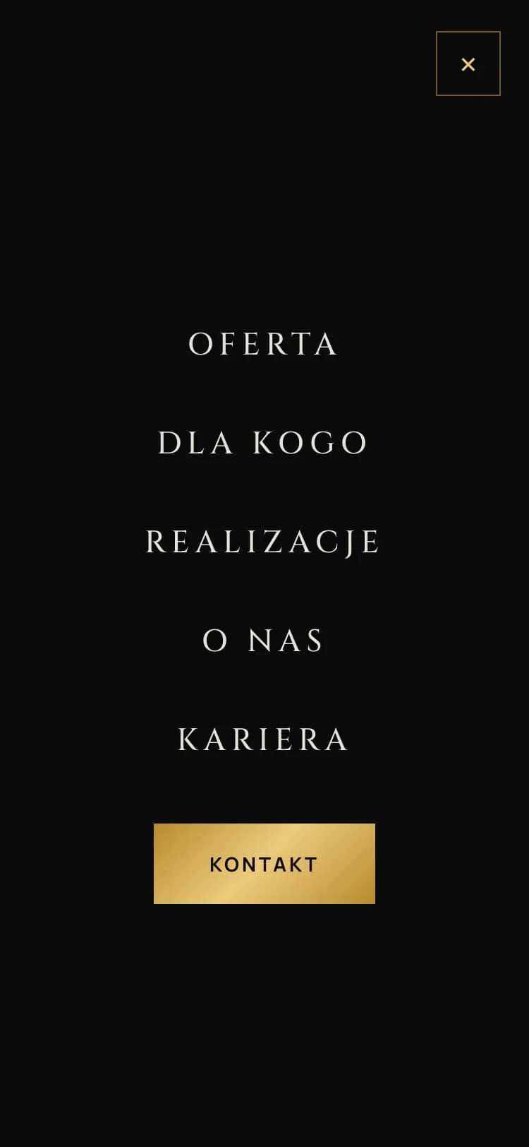 Otwarte menu mobilne Elite One: pozycje w Cinzel na czarnym tle i złoty przycisk „Kontakt”