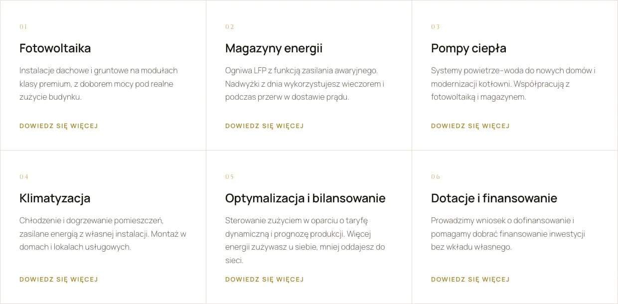 Zbliżenie siatki oferty: fotowoltaika, magazyny energii, pompy ciepła, klimatyzacja, optymalizacja i dotacje