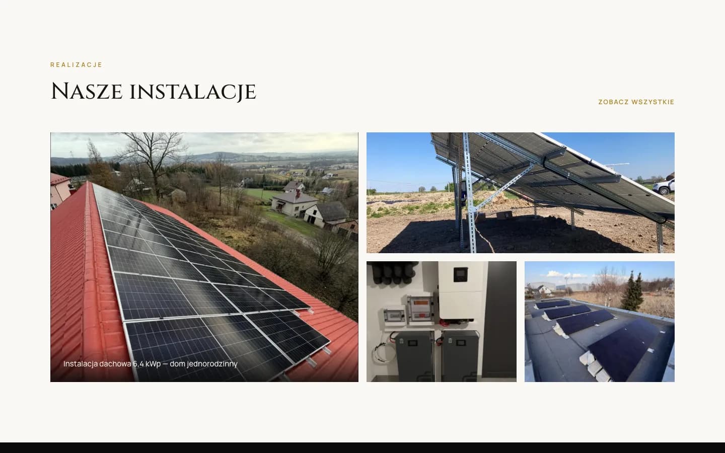 Sekcja „Nasze instalacje”: duże zdjęcie instalacji dachowej i trzy mniejsze kadry