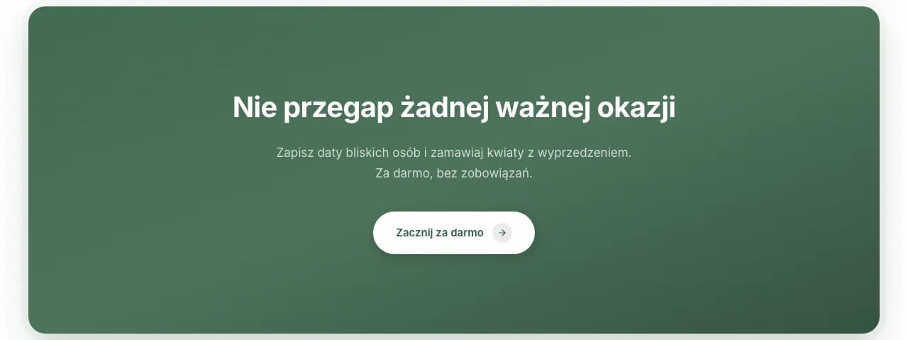 Zielony baner „Nie przegap żadnej ważnej okazji” z przyciskiem „Zacznij za darmo”