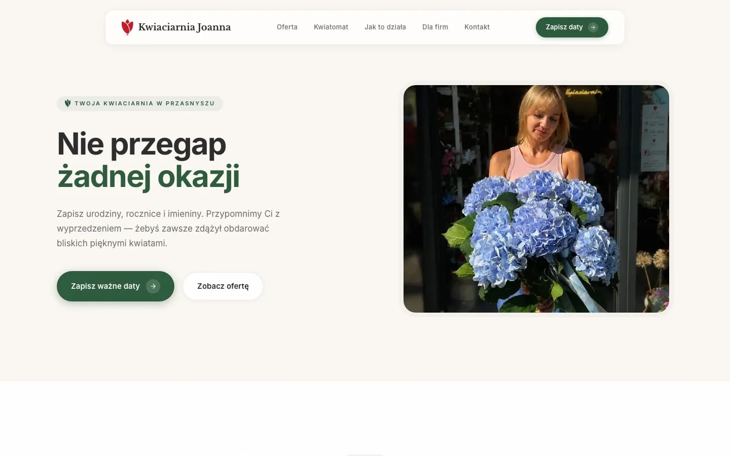 Strona główna Kwiaciarni Joanna z nagłówkiem „Nie przegap żadnej okazji” i zdjęciem bukietu hortensji