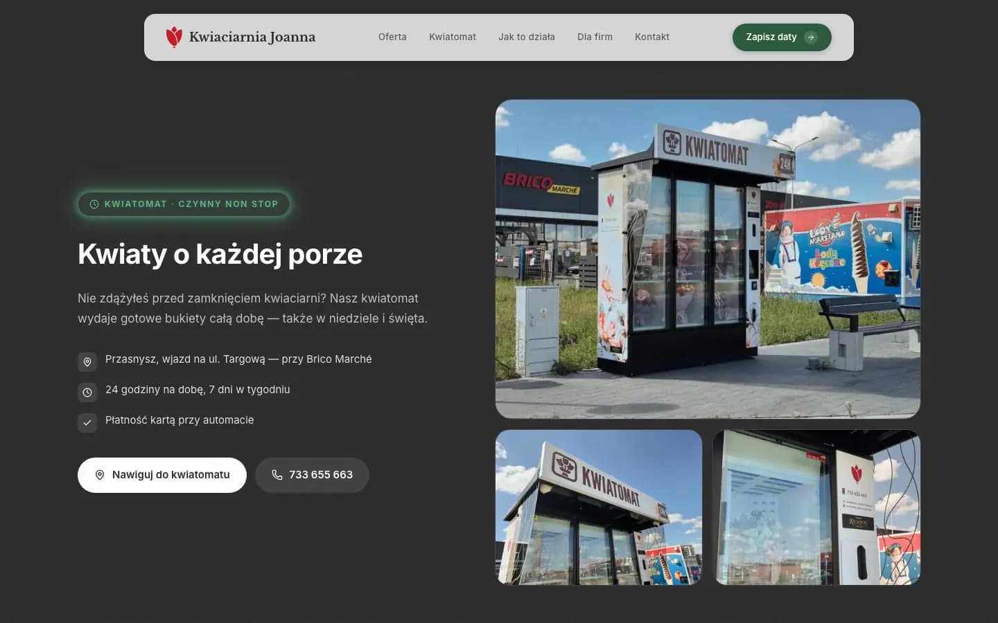 Sekcja „Kwiaty o każdej porze” ze zdjęciami kwiatomatu i przyciskiem nawigacji