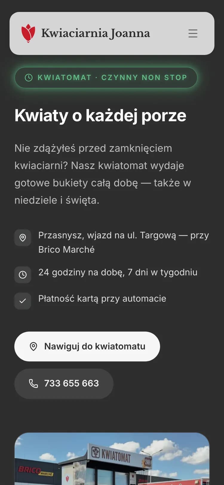 Sekcja kwiatomatu na ekranie telefonu