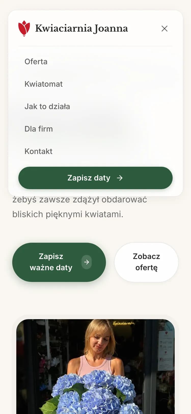 Otwarte menu nawigacji na telefonie z linkami do sekcji strony