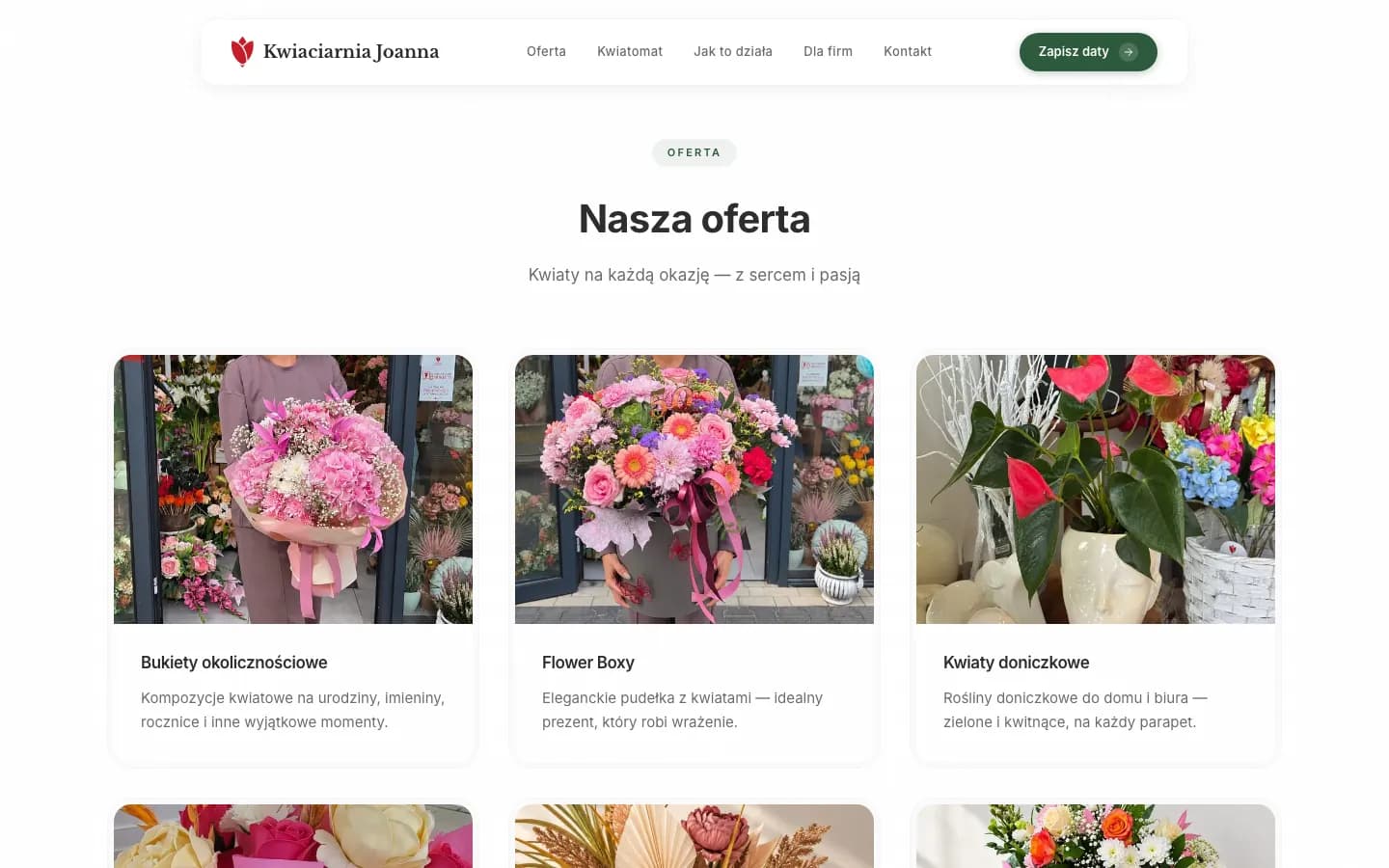 Sekcja „Nasza oferta” z kafelkami kategorii kwiatów