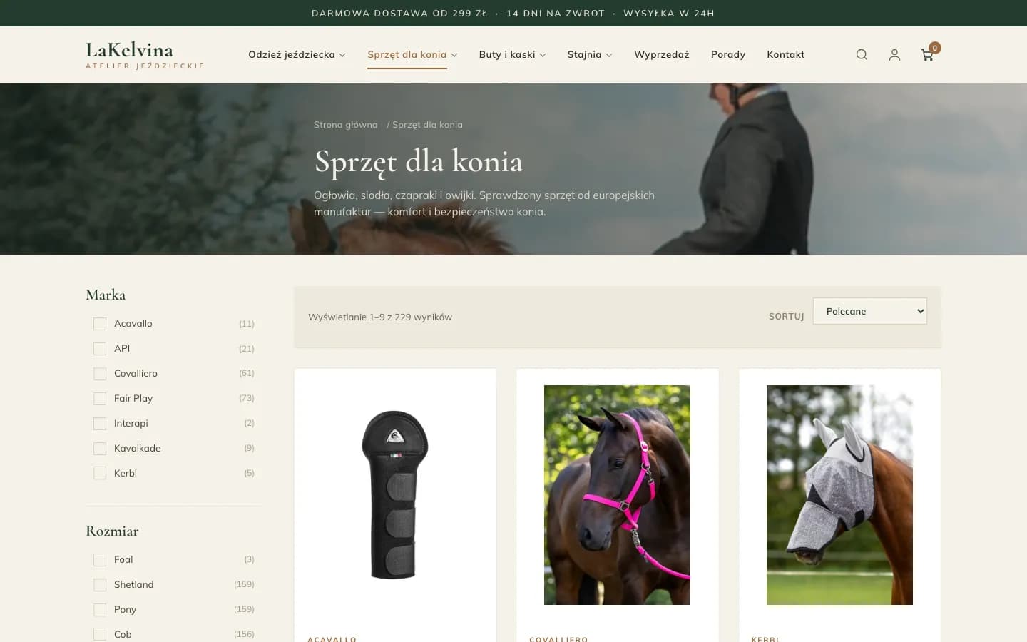 Kategoria „Sprzęt dla konia” w sklepie LaKelvina z filtrami w lewej kolumnie i siatką produktów