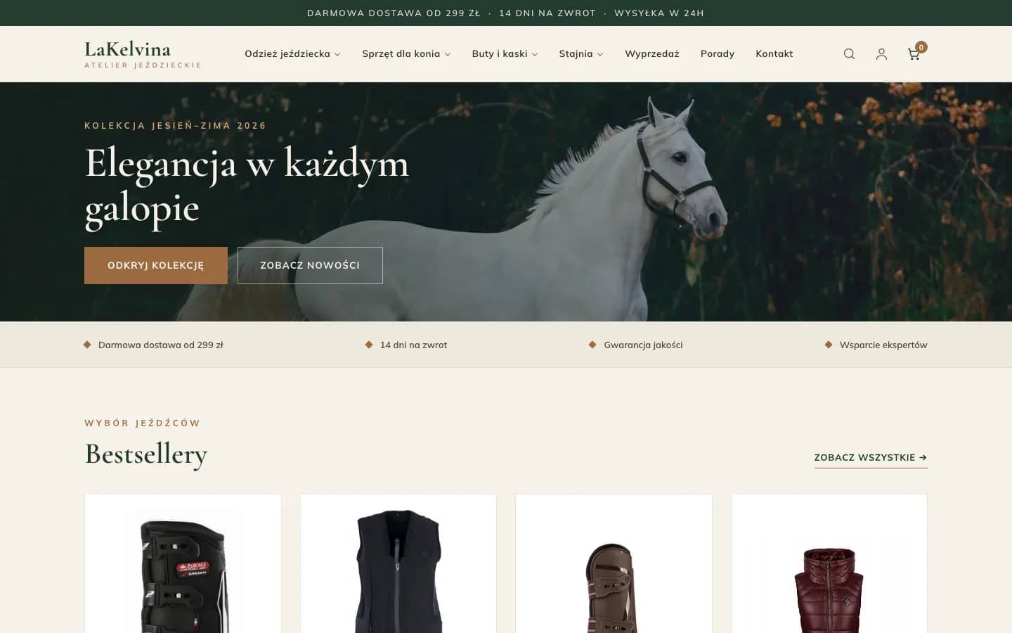 Strona główna sklepu LaKelvina z białym koniem w galopie i hasłem „Elegancja w każdym galopie”