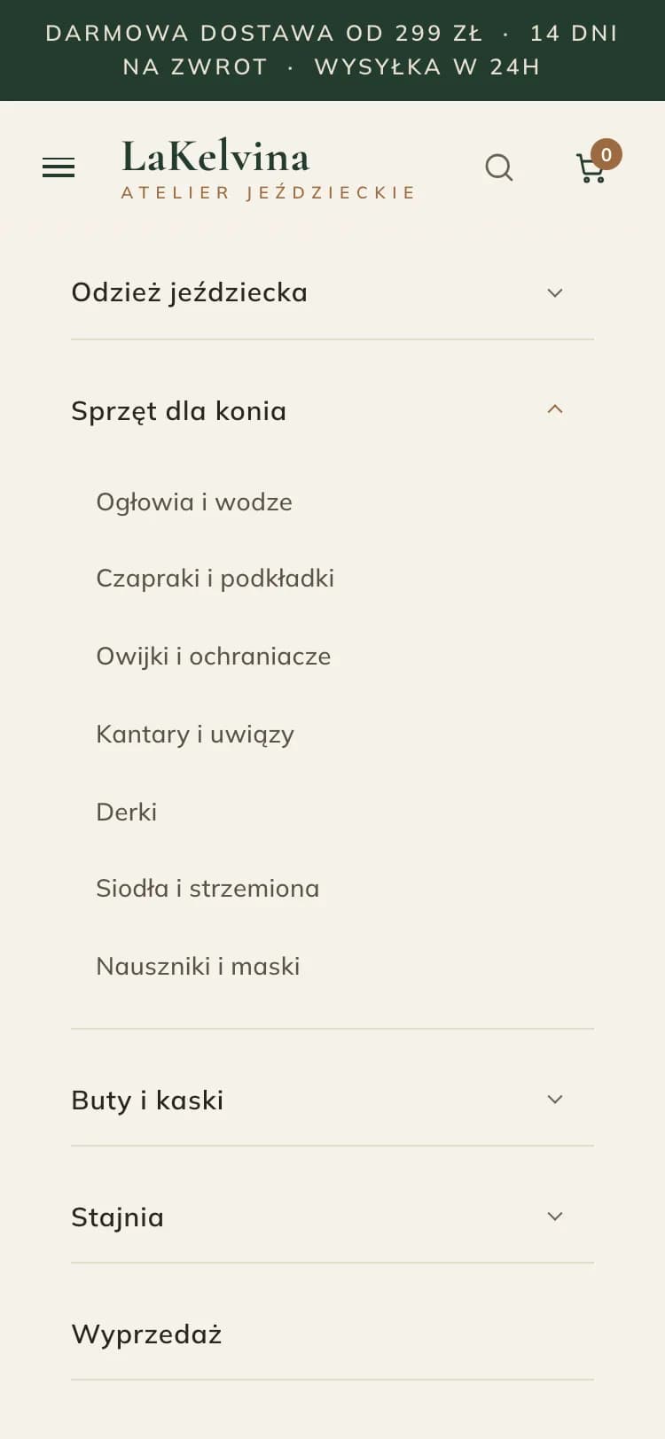 Otwarte menu mobilne LaKelvina z rozwiniętą kategorią „Sprzęt dla konia”