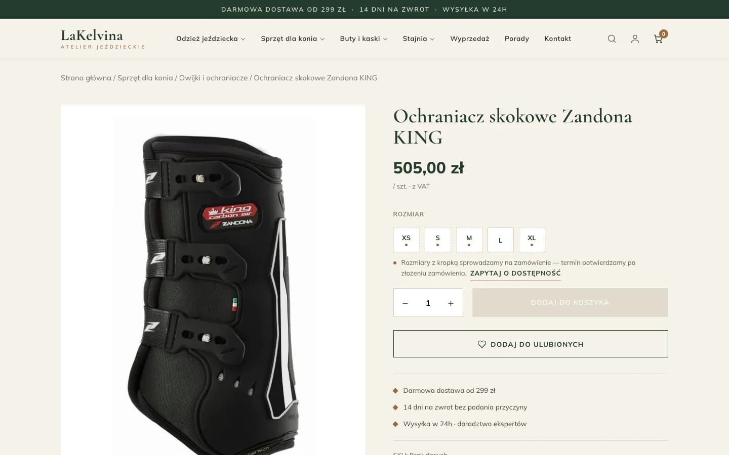 Karta produktu ochraniaczy skokowych Zandona KING z przyciskami rozmiarów od XS do XL