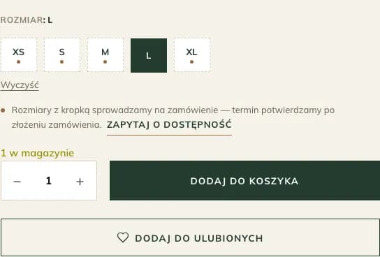 Zbliżenie na wybór rozmiaru z zaznaczonym rozmiarem L i aktywnym przyciskiem „Dodaj do koszyka”