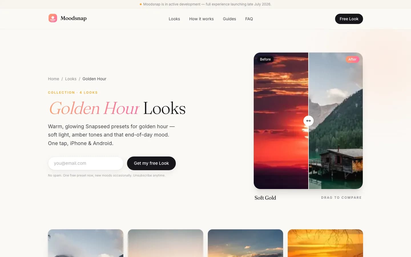 Strona kolekcji Golden Hour z opisem i siatką Looków