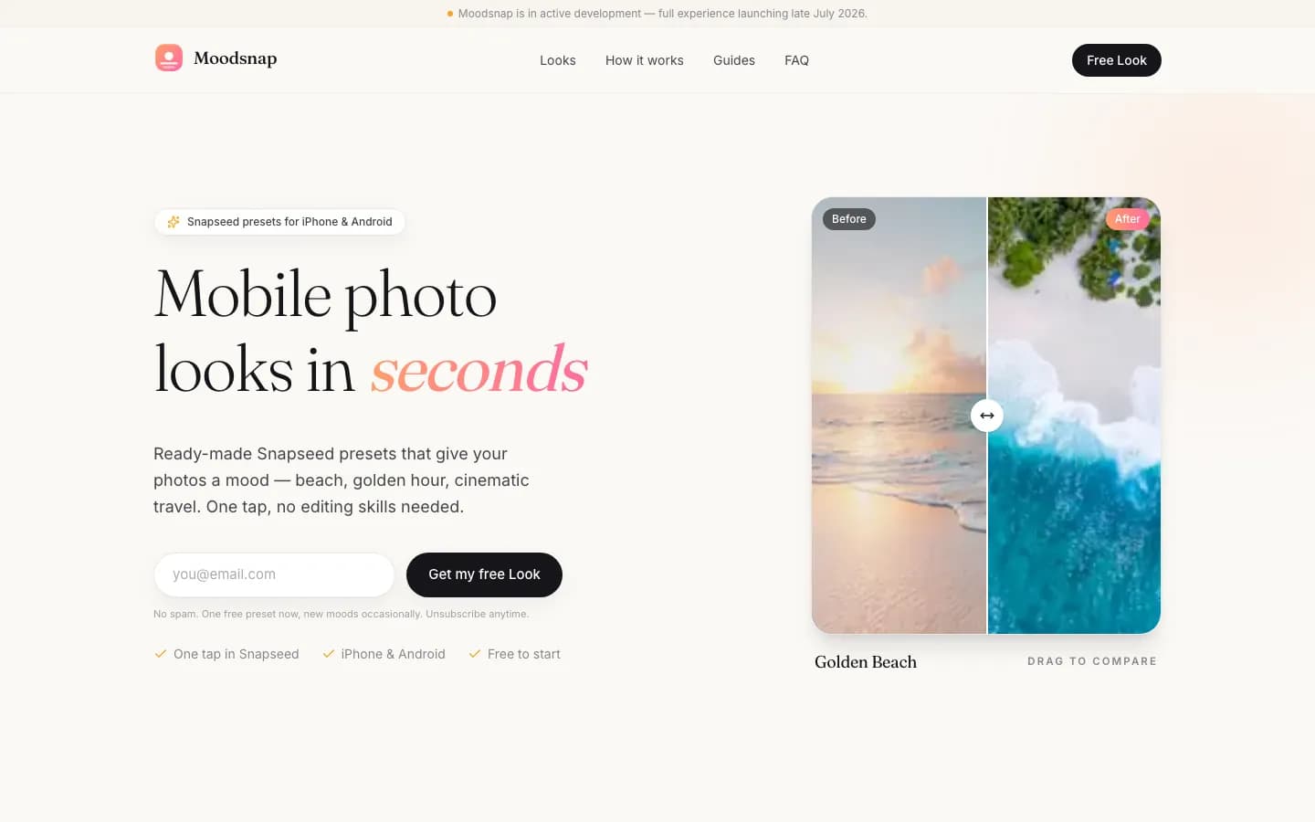 Strona główna Moodsnap na desktopie — nagłówek Mobile photo looks in seconds, formularz e-mail i porównanie zdjęć