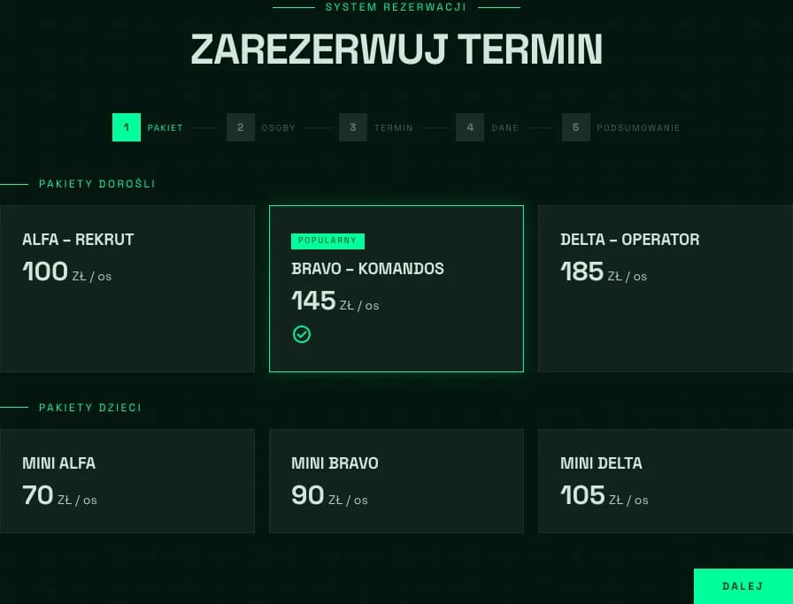 Zbliżenie kreatora rezerwacji z paskiem kroków i kartami pakietów, zaznaczony pakiet Bravo