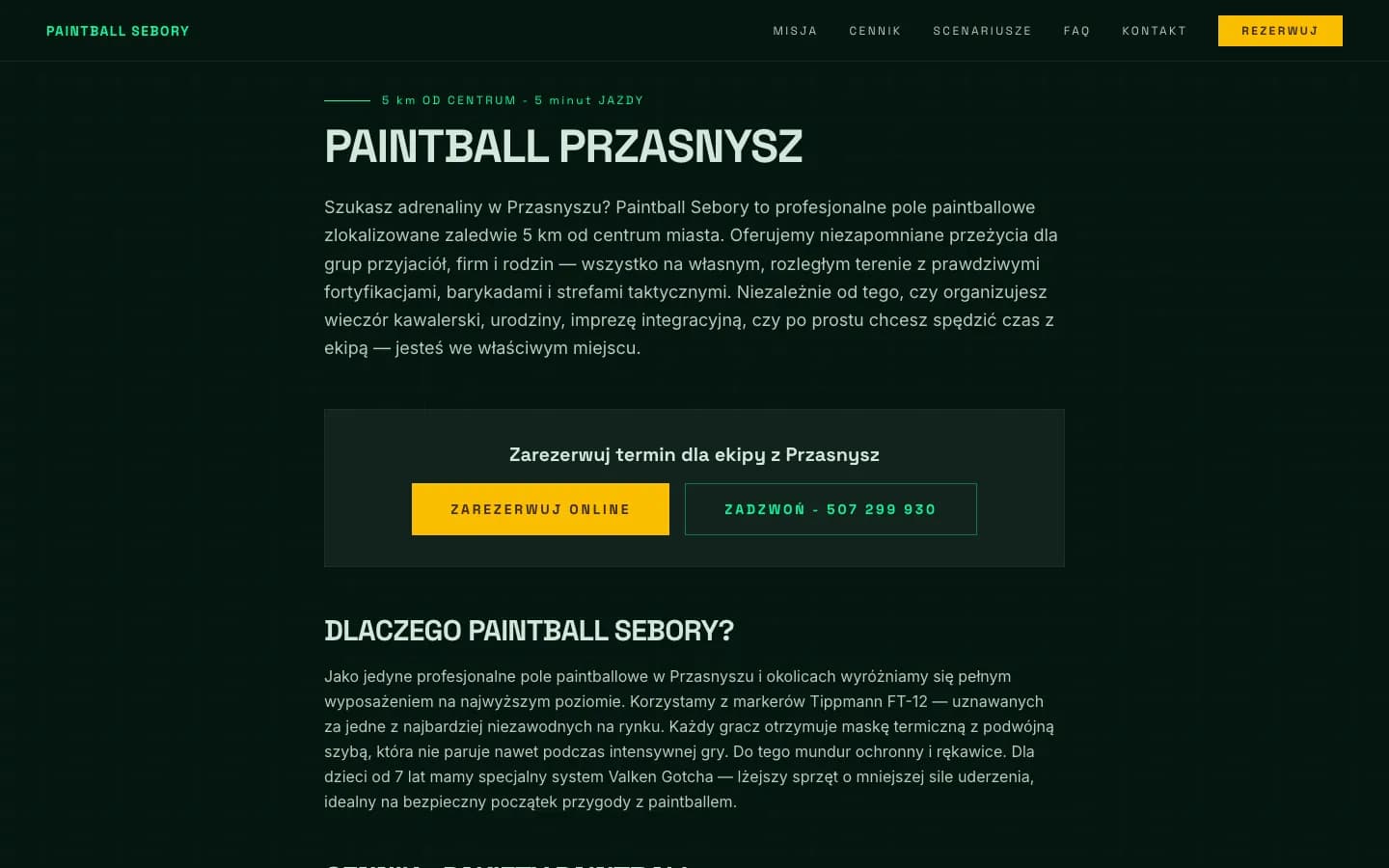 Landing Paintball Przasnysz w stylistyce strony głównej