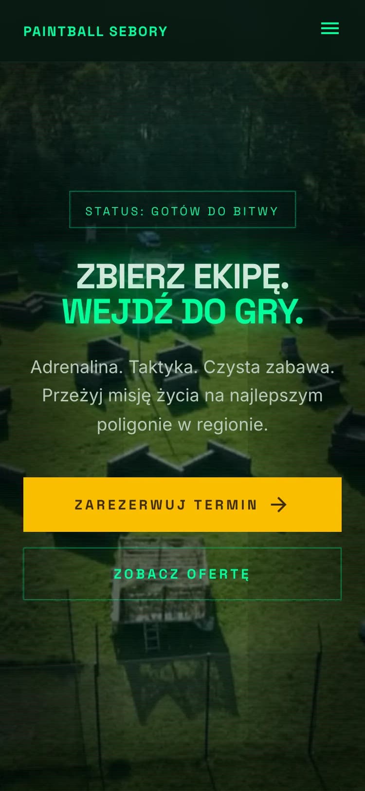 Strona główna Paintball Sebory na telefonie z hasłem i przyciskiem rezerwacji