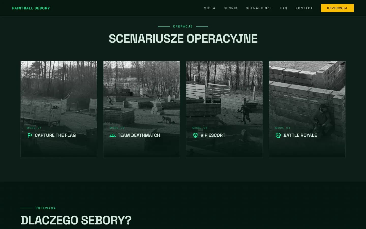 Sekcja scenariuszy operacyjnych: Capture the Flag, Team Deathmatch, VIP Escort, Battle Royale