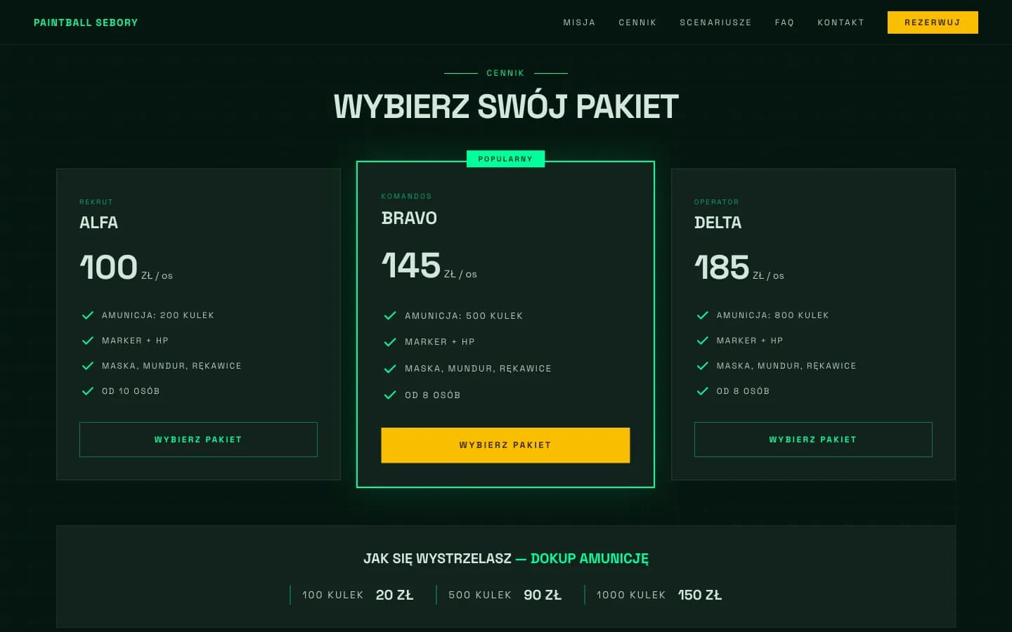 Sekcja cennika z trzema pakietami Alfa, Bravo i Delta w stylu taktycznym