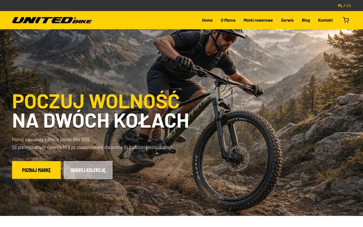 Strona główna United Bike ze zdjęciem rowerzysty MTB w górach i hasłem „Poczuj wolność na dwóch kołach”