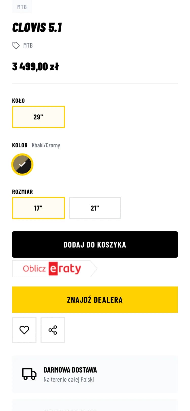Karta produktu Clovis 5.1 na telefonie z przyciskami rozmiaru ramy i koszykiem