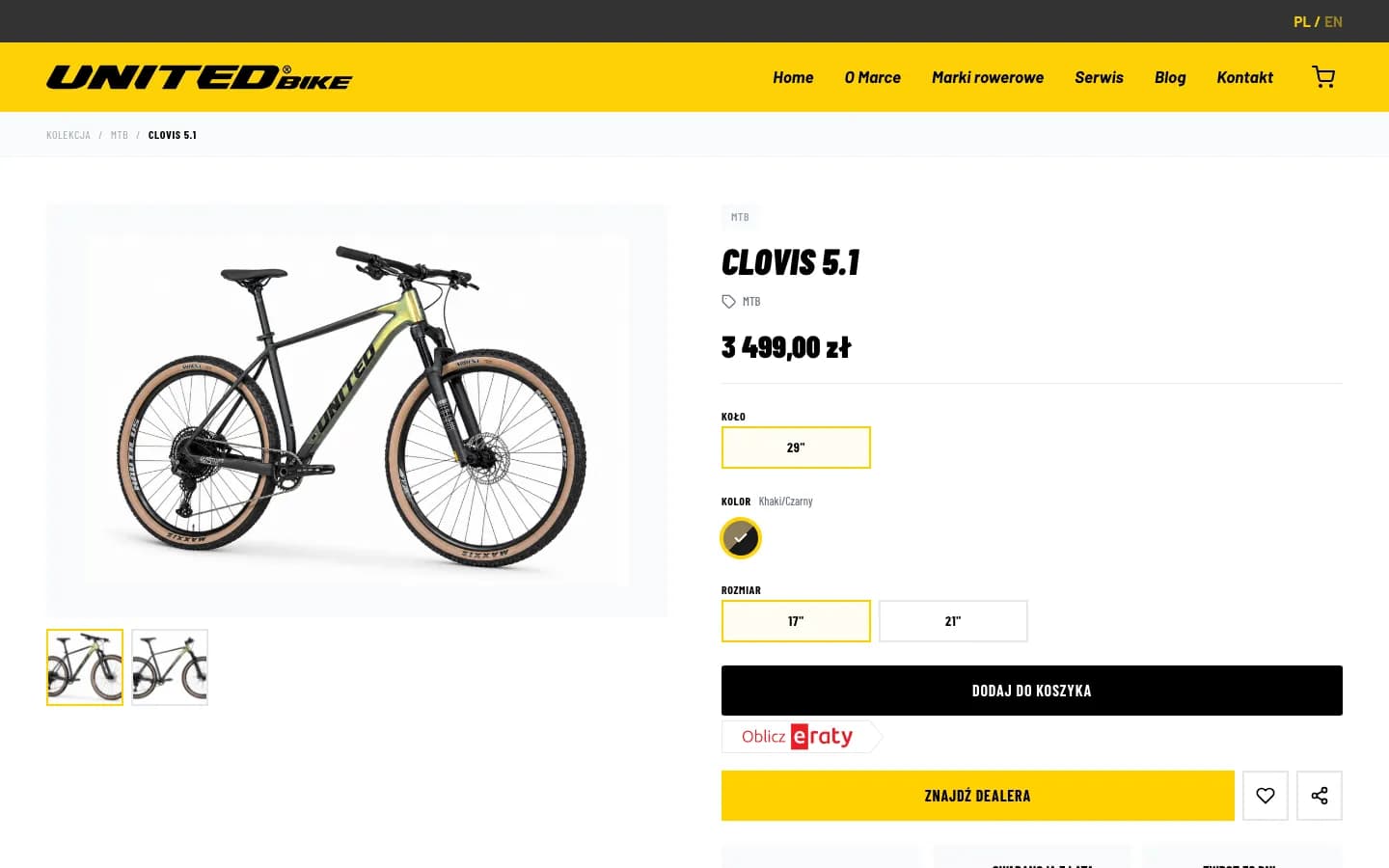Karta produktu roweru Clovis 5.1 z wyborem koła, koloru i rozmiaru ramy