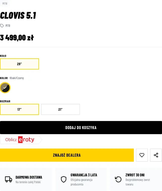 Zbliżenie na wybór koła 29 cali, koloru khaki/czarny i rozmiaru ramy 17 lub 21 cali