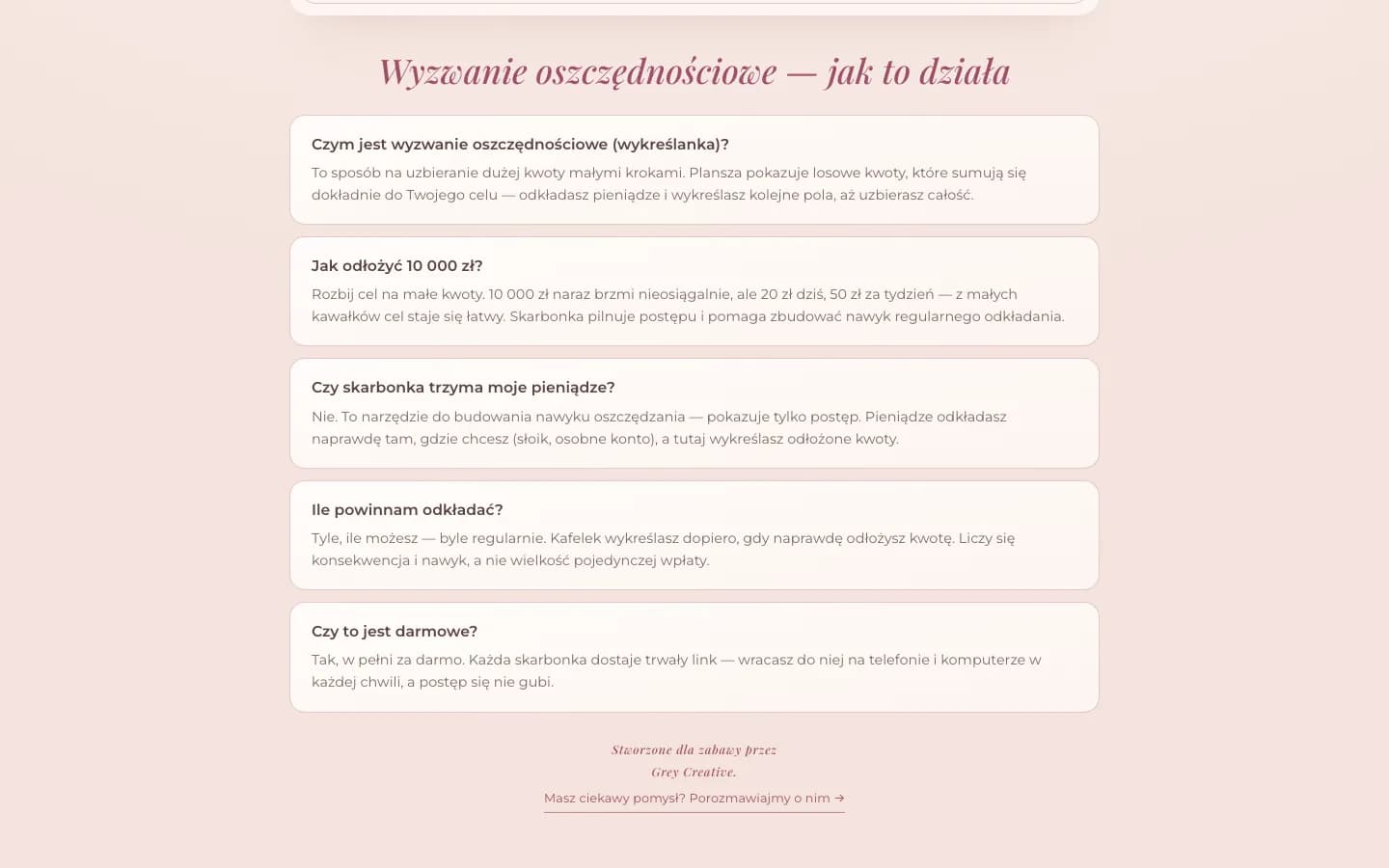 Sekcja „Wyzwanie oszczędnościowe — jak to działa” z pytaniami i odpowiedziami