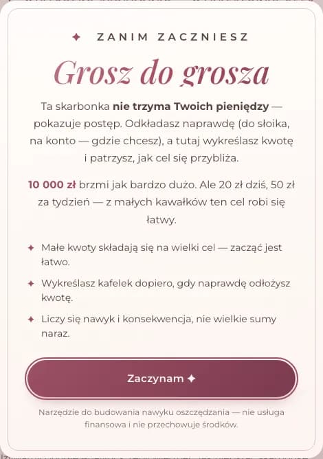 Karta „Grosz do grosza” z trzema zasadami i przyciskiem „Zaczynam”