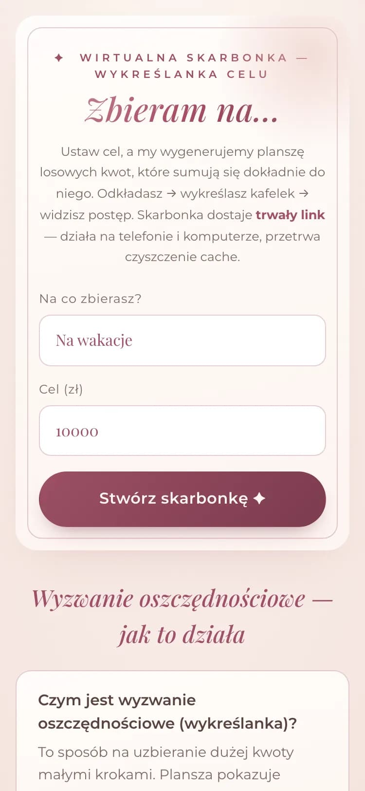 Formularz tworzenia skarbonki na ekranie telefonu